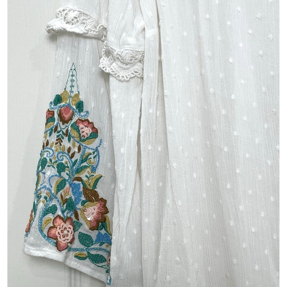 Chico's Women's Lace Trim Blouse 1P/US 8P Ivory Swiss Dot‎ Embroidered Boho-Chic - Picture 6 of 13